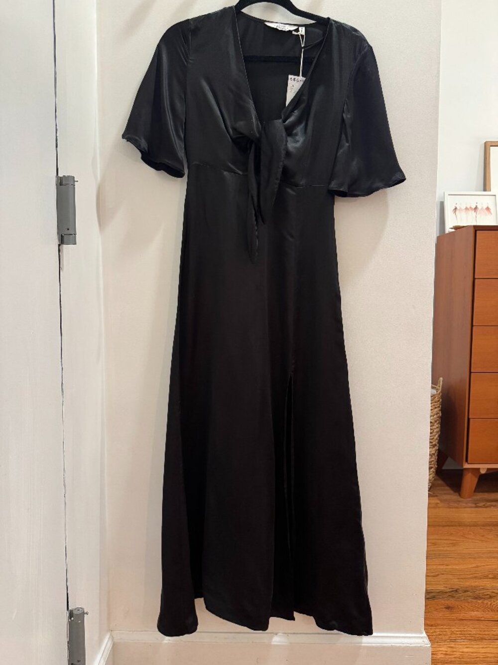 & OTHER STORIES Black Satin Tie-Front Midi Dress (Size 2)